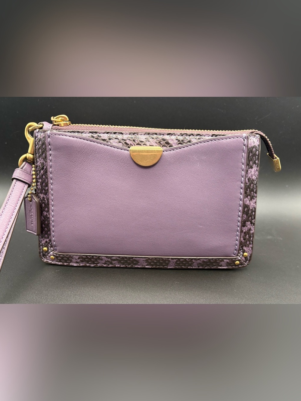 Coach Dreamer Wristlet Lavender Leather Snakeskin Trim Clutch Style 73957